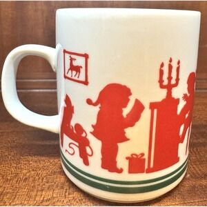 Vintage Avon Christmas Mug 1984 Milk Glass Red Silhouette Santa Elves Holiday